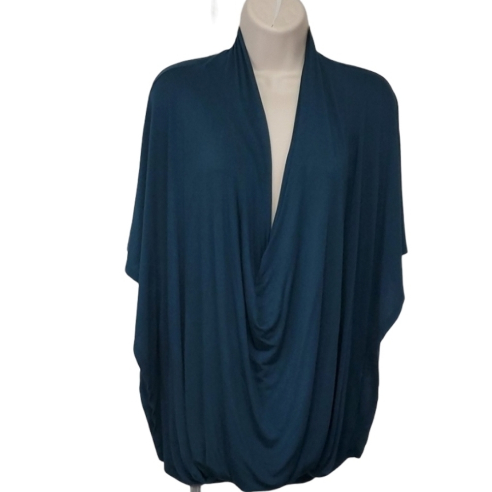 Worthington Blue tunic Top Blouse size M Bat sleeves Droop drop neck *